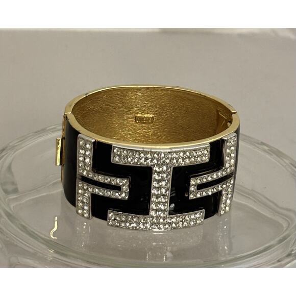 Vintage CINER Black Enamel/Rhinestone/Gold Plate Deco Clamper/Bangle/Bracelet - Picture 3 of 8